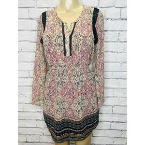 Anthropologie Maeve Womens Cream Phoenicia Pleated Boho Mini Dress Size Small